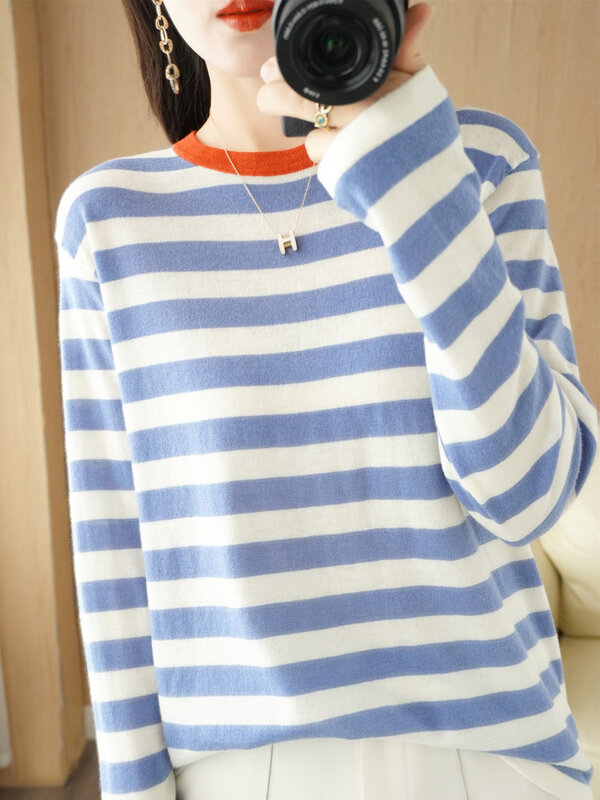 MVLYFLRT Spring and Autumn Women's Crew Neck Pullover Casual Knitted Striped Loose Tops Wool Thin Bottoming Sweater Wool Sweater