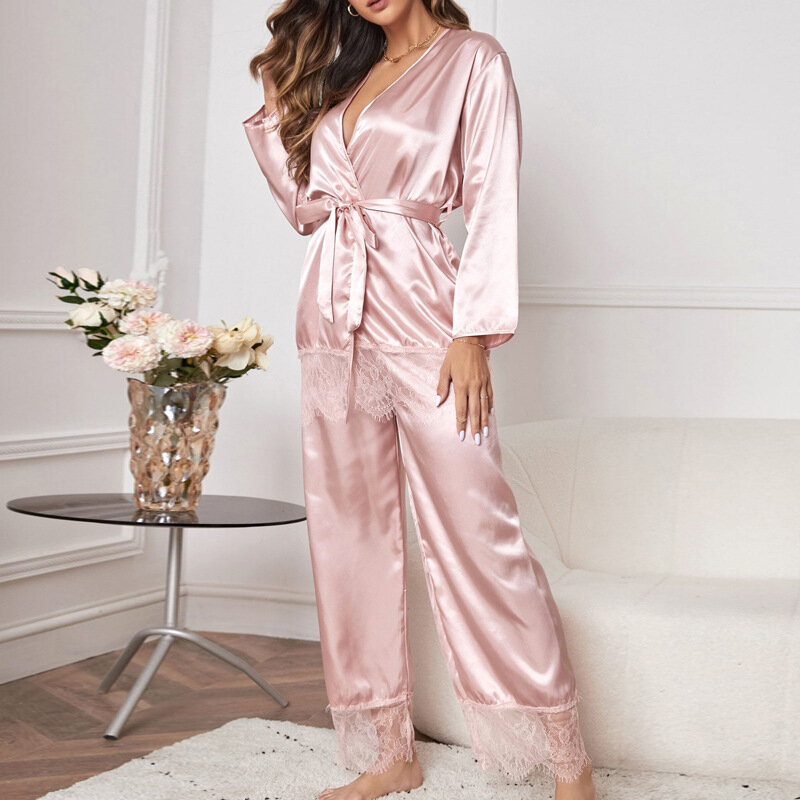 QSROCIO Women's Pajamas Set Pink Lace Sleepwear with Belt Silk Like Casual Homewear Deep V Sexy Nightwear Femme for Summer