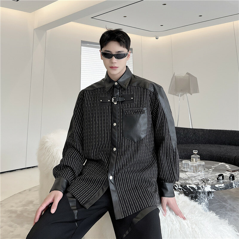Kemeja Chic Pria Asli Bahan Perca Desainer PU Kemeja Lengan Panjang Mantel Tipis Musim Gugur Kebesaran Atasan Gaya Jepang Pakaian Pria Gelap