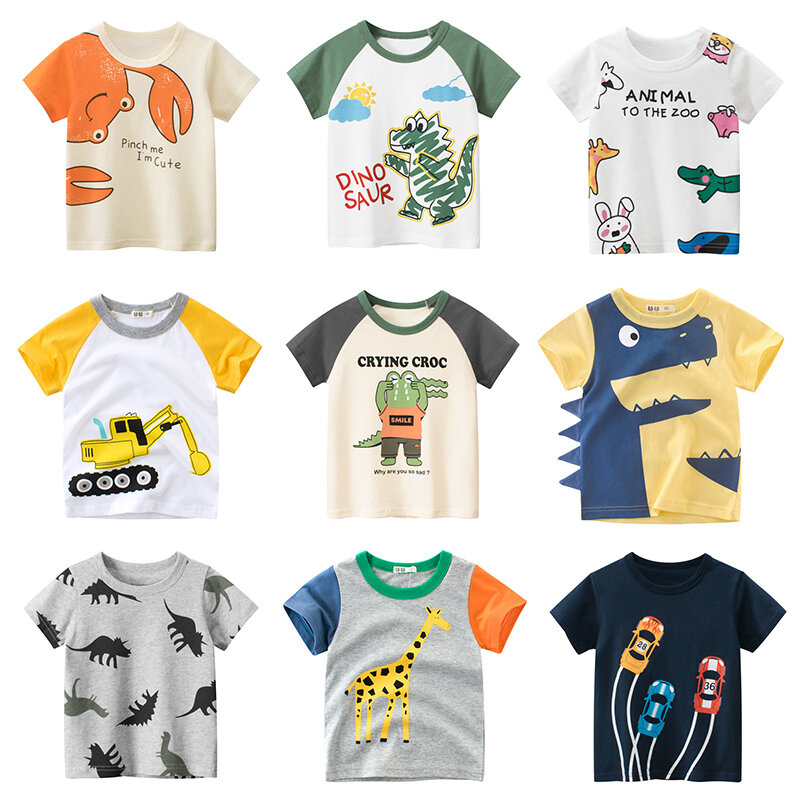 Camiseta de manga corta con dibujos de animales para bebés, camisa de algodón con dibujo de león mono, coche rojo, ropa de verano para niños pequeños