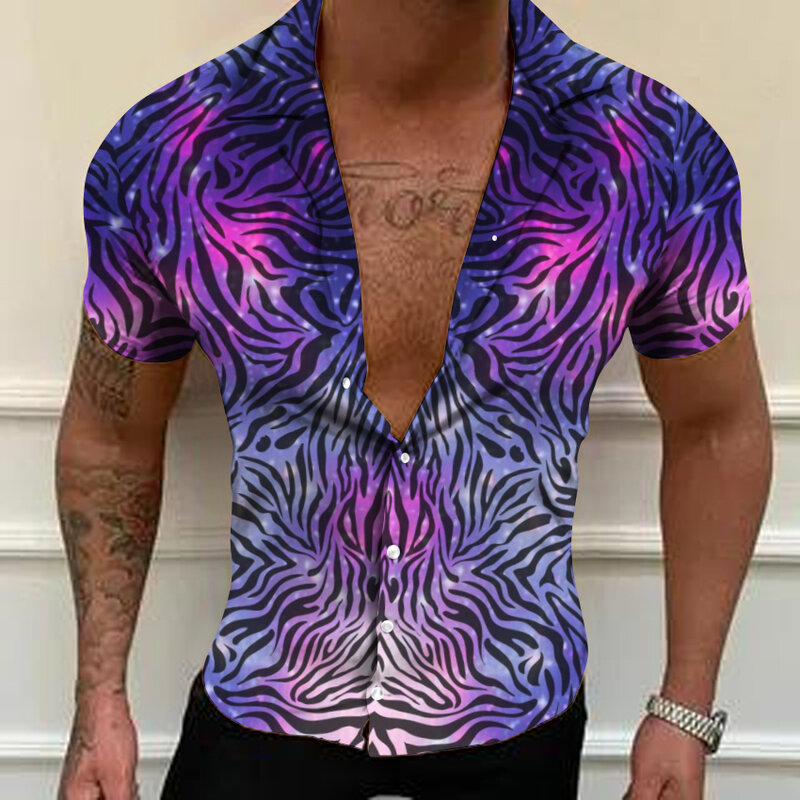 Plus Size Shirts Fashion Men Turn-down Collar Button Down Shirt Digital Print Casual Men Tops Short Sleeve Blouse Streetwear