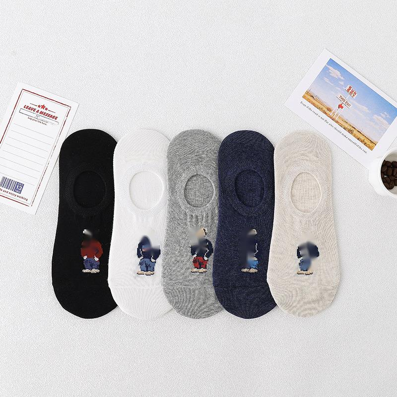 5pair/lot Fashion Men's Boat Socks Cartoon Bear Summer Autumn Non-slip Invisible Silicone Cotton Ankle Slippers Socks Retro