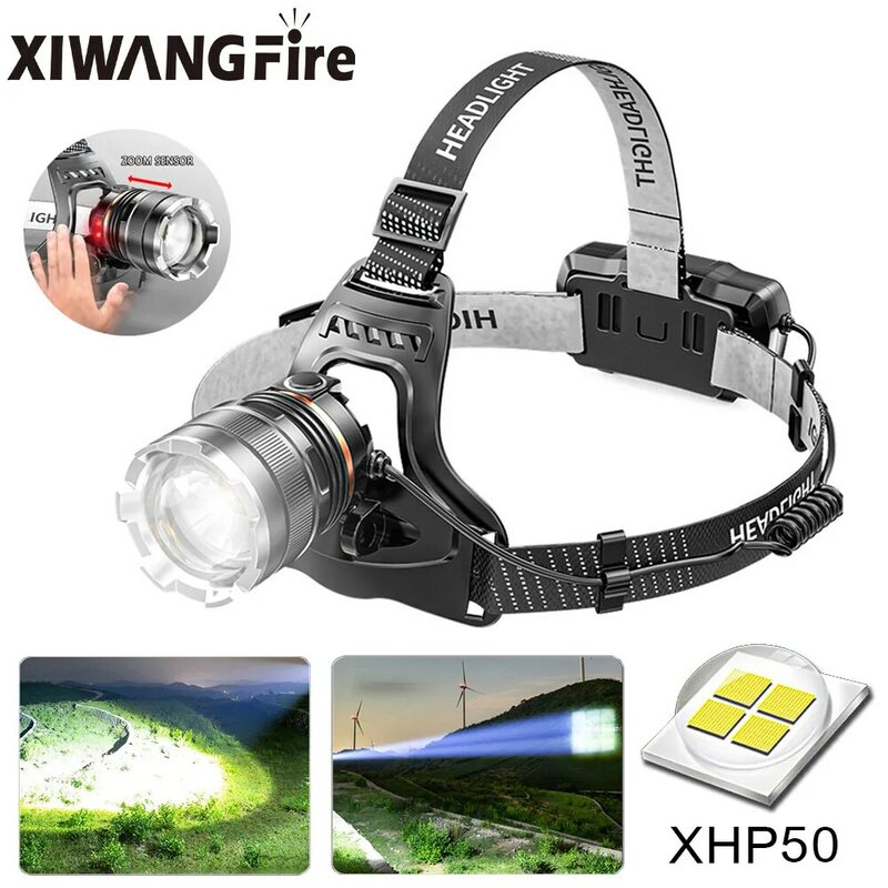 High Powerful ZOOM Sensor Headlamp XHP50 Super Bright Outdoor Headlight torch Flashlight USB Rechargeable Light Fishing Light