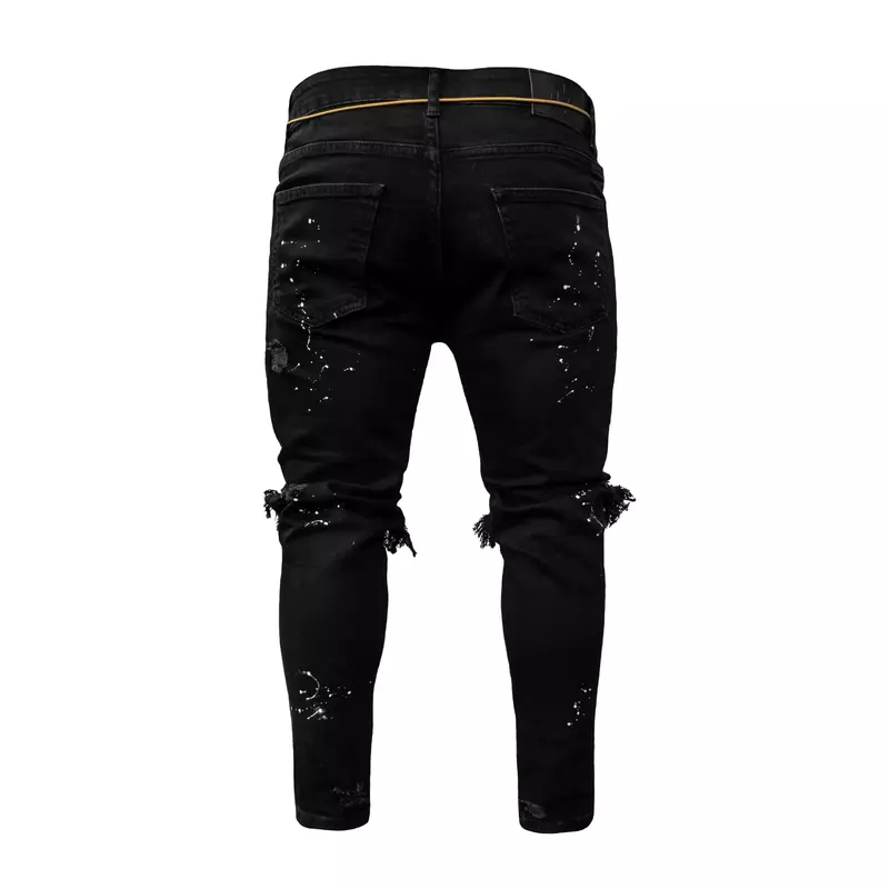 Jeans masculinos estiramento destruído rasgado ponto de pintura design moda tornozelo zíper jeans magros para homem