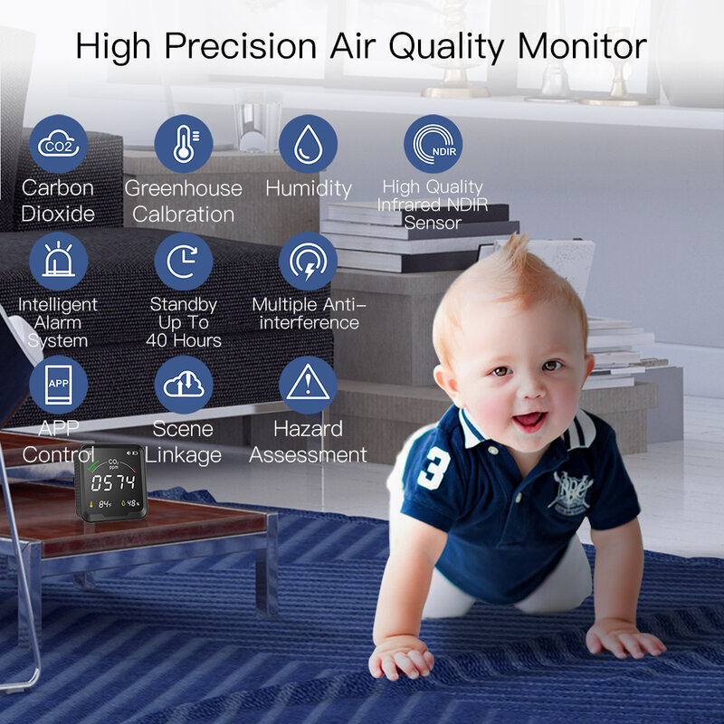 Wi fi tuya inteligente detector de co2 3 em 1 detector de dióxido de carbono monitor de qualidade do ar temperatura e umidade testador de ar com despertador