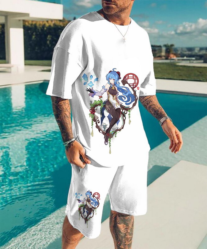 남성용 티셔츠 반바지 여름 2 팩, 패션 액티브웨어 슈트 조깅 슈트 스포츠맨 3D 프린트 스트리트웨어