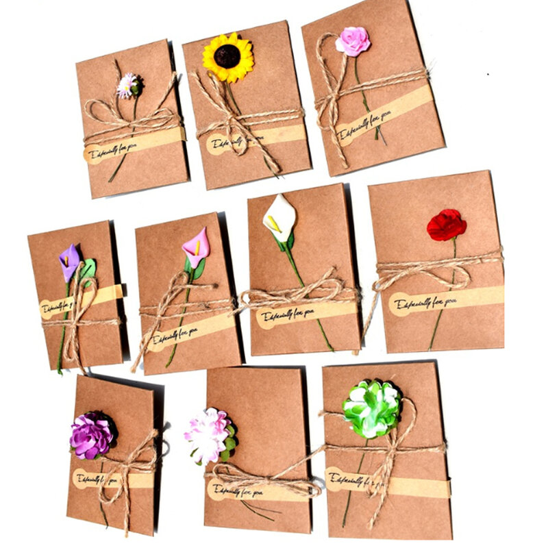 5 pacote/lote retro kraft papel artesanal flores secas com envelope cartão de natal ano novo cartão aniversário feito à mão casamento