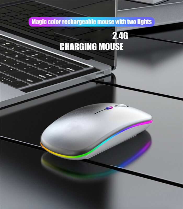 Ratón inalámbrico con USB, Mouse RGB recargable de 2,4G para ordenador portátil, PC, Macbook, 2,4 GHz, 1600DPI
