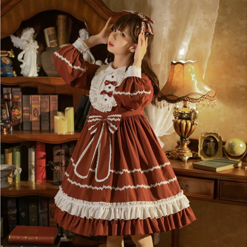 Herbst süße Lolita Op Kleid Frauen Kawaii Vintage Rüschen Bowknot Party Kleider Mädchen Harajuku niedlichen Langarm Kleid
