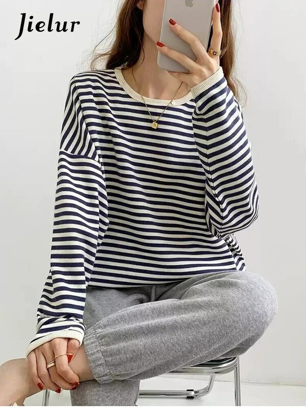 Jielur 2022 Autumn and Winter New Korean Version Casual Lazy Style Pullover Striped Sweater Women Loose Top Coat