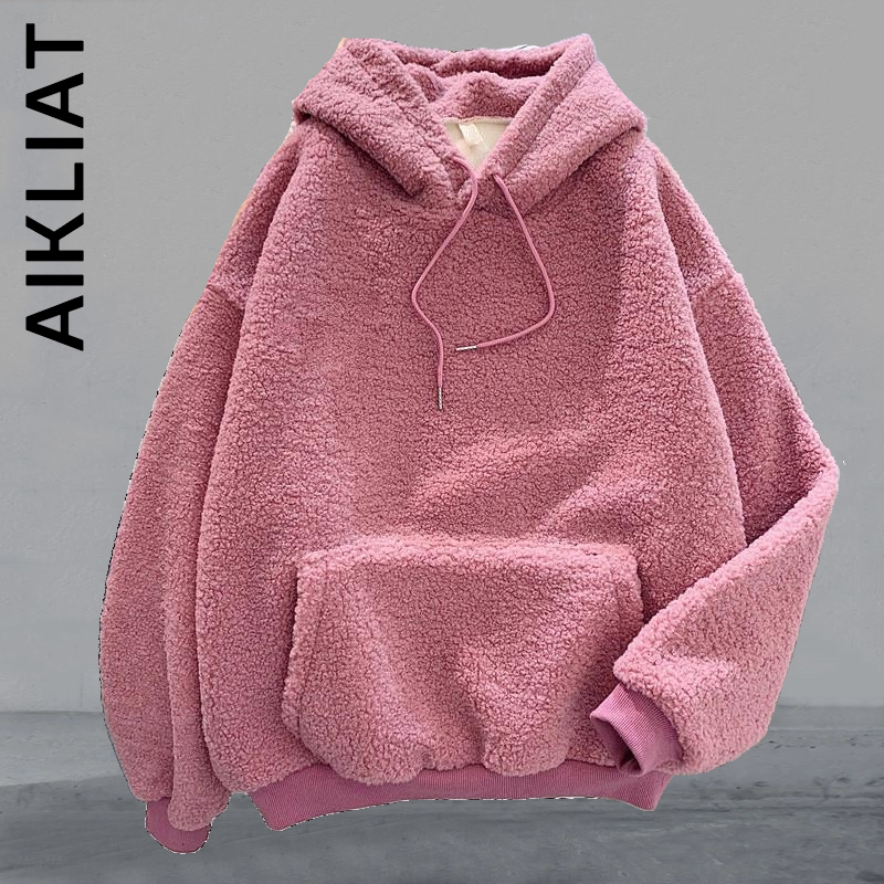 Aikliat New Solid Pullover Casual Tops Lady Loose Long Sleeve Winter Thick Warm Coat Velvet Cashmere Women Hoody Sweatshirt