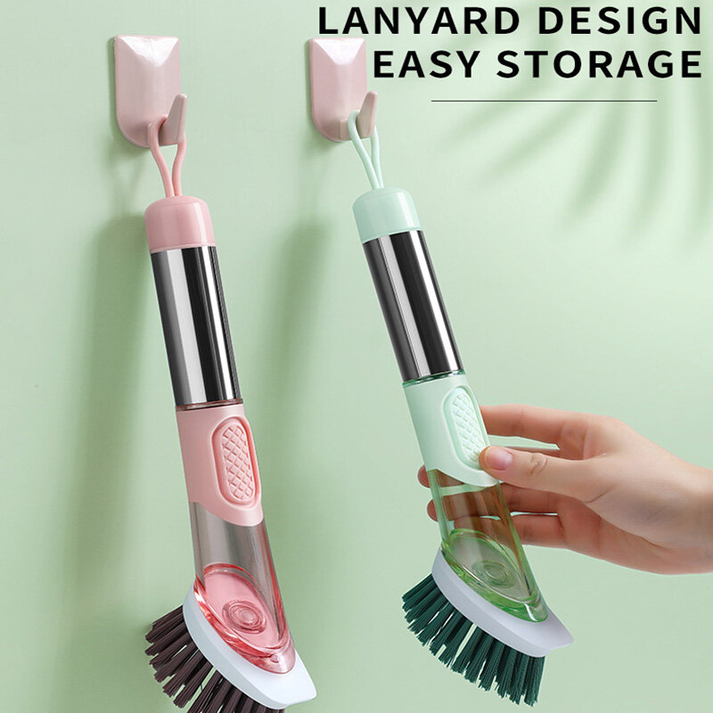Spazzola per la pulizia con manico lungo 3 in1 con testina rimovibile Dispenser di sapone in spugna Set di spazzole per il lavaggio dei piatti utensili da cucina