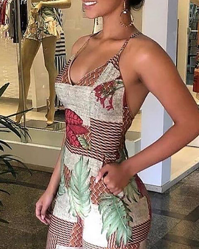 2021 feminino primavera tropical impressão espaguete cinta macacão com decote em v sexy sem costas halter verão macacão sem mangas