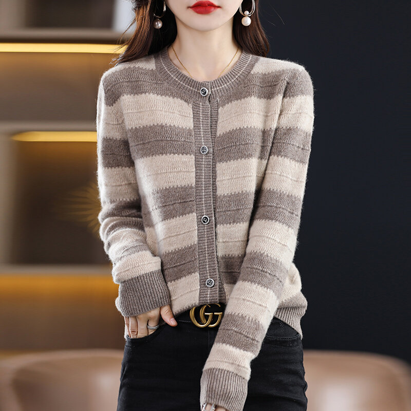 Cardigan tricoté à col rond pour femme, manteau Slim à manches longues, 100% laine, Base ample, nouvelle collection automne et hiver