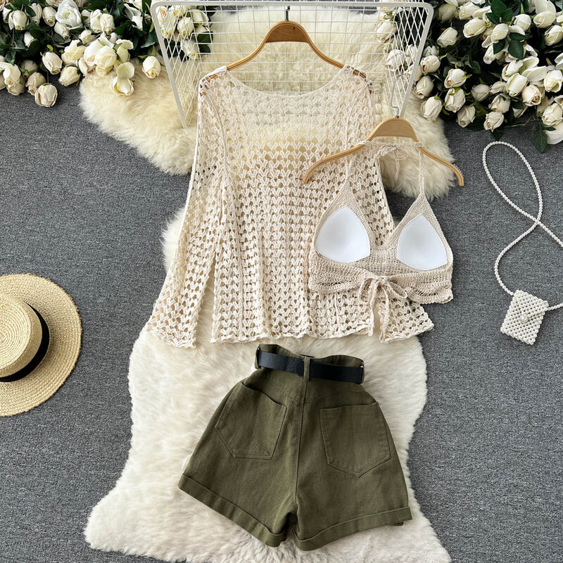 2022 New Two-Piece Suit for Women, Summer Long-Sleeved Hollow-out Knitwear Top Wide Leg Shorts