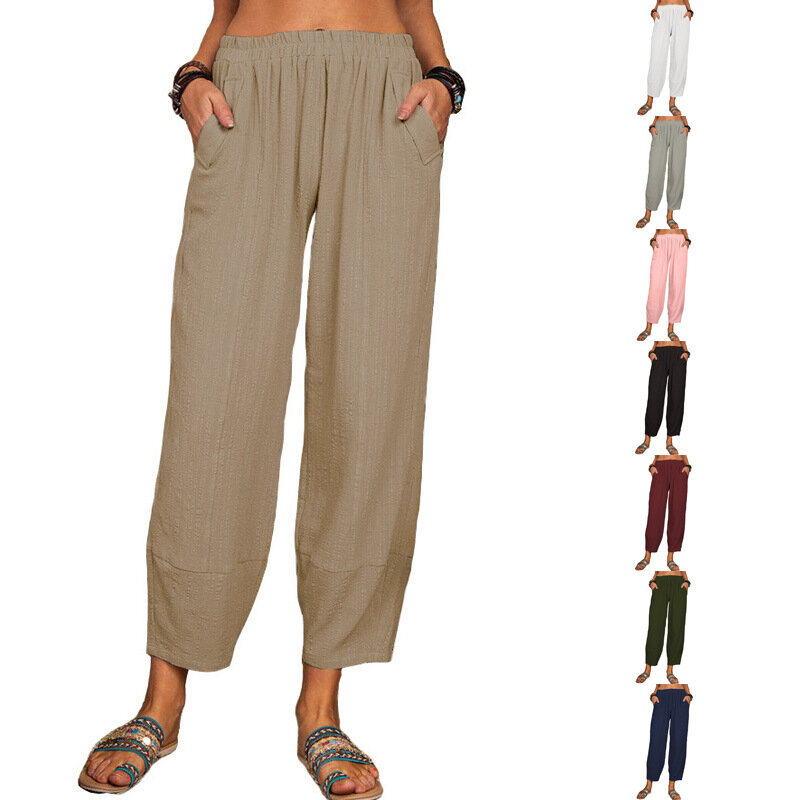 Summer New Solid Loose Fitting Cotton Hemp Pants Casual Pocket Elastic Waist Ankle-length Home Harem Pants Women