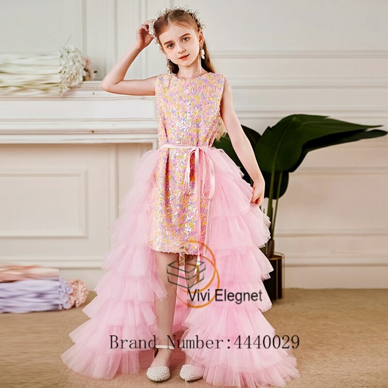 Gaun anak perempuan bunga berpayet menawan merah muda untuk gaun pesta pernikahan anak perempuan tanpa lengan dengan kereta lepas pasang اkerah potong