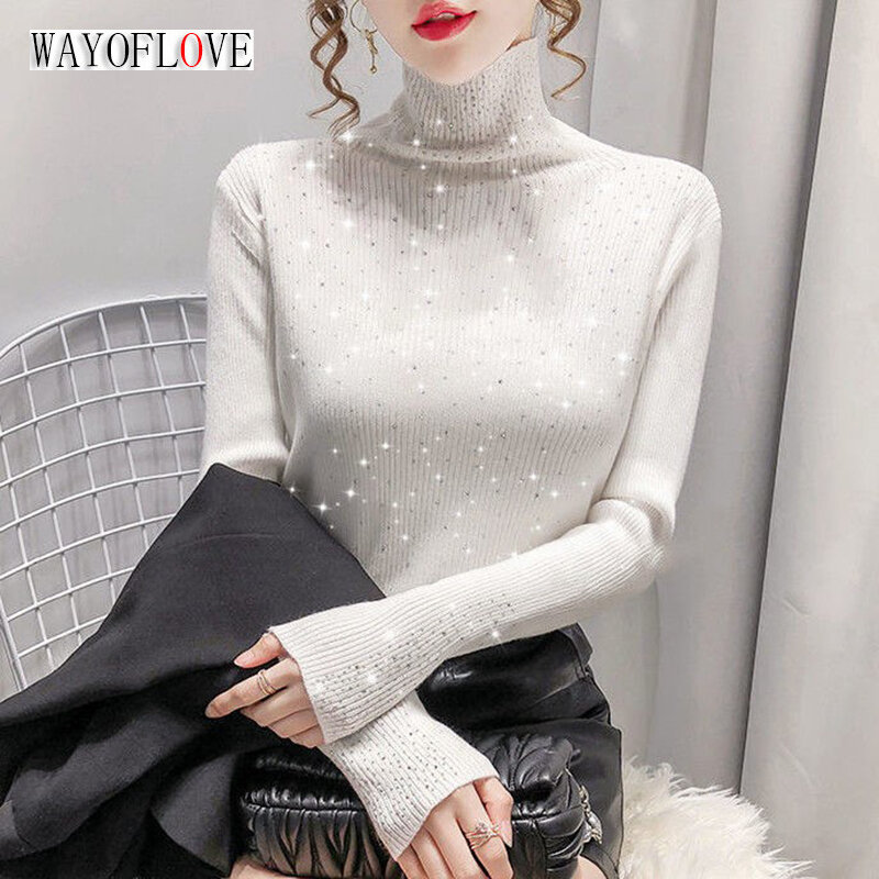 WAYOFLOVE 여성용 겨울 터틀넥 스웨터, 반짝이는 다이아몬드 상의, 슬림핏 풀오버, 니트 스웨터 점퍼, 두껍고 따뜻한 풀