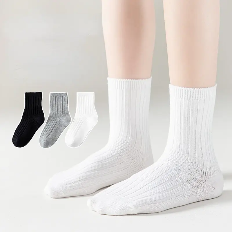 5 pares de meias de algodão infantil de alta qualidade agulha dupla cor sólida preto e branco cinza meninos e meninas estudantes meias macias e confortáveis ​​para crianças 3 comprimentos para escolha