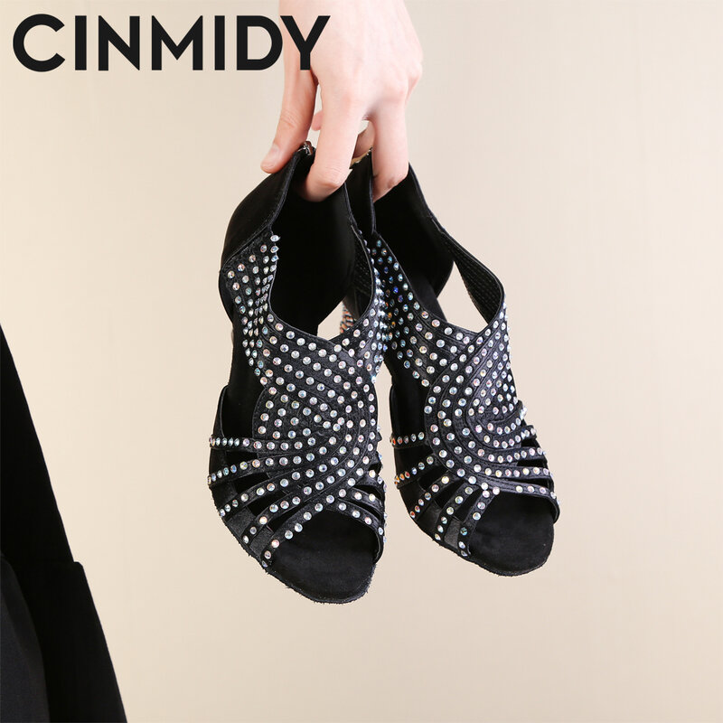 CINMIDY-zapatos de baile latino para mujer, calzado de Tango, Rumba, Samba, con diamantes de imitación, para baile de salón, con tacón cuadrado