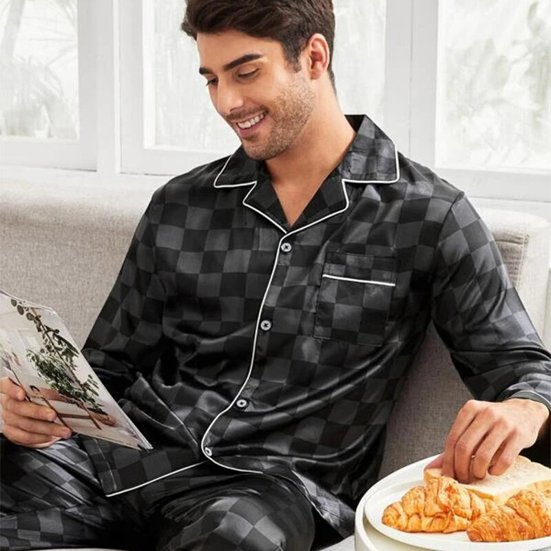 Homens xadrez de seda cetim pijamas conjunto casa sleepwear longo calças terno feminino sono duas peças conjunto casal loungewear plus size