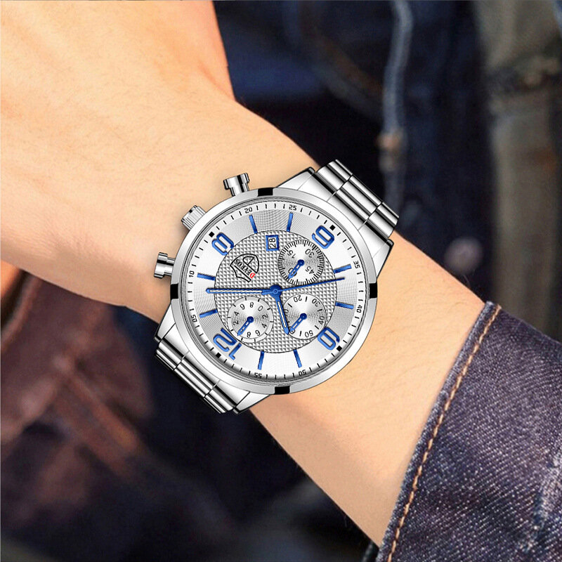 2023 new 30 bar waterproof stainless steel with fashion calendar leisure luminous three eyes six hands men's quartz watch clock