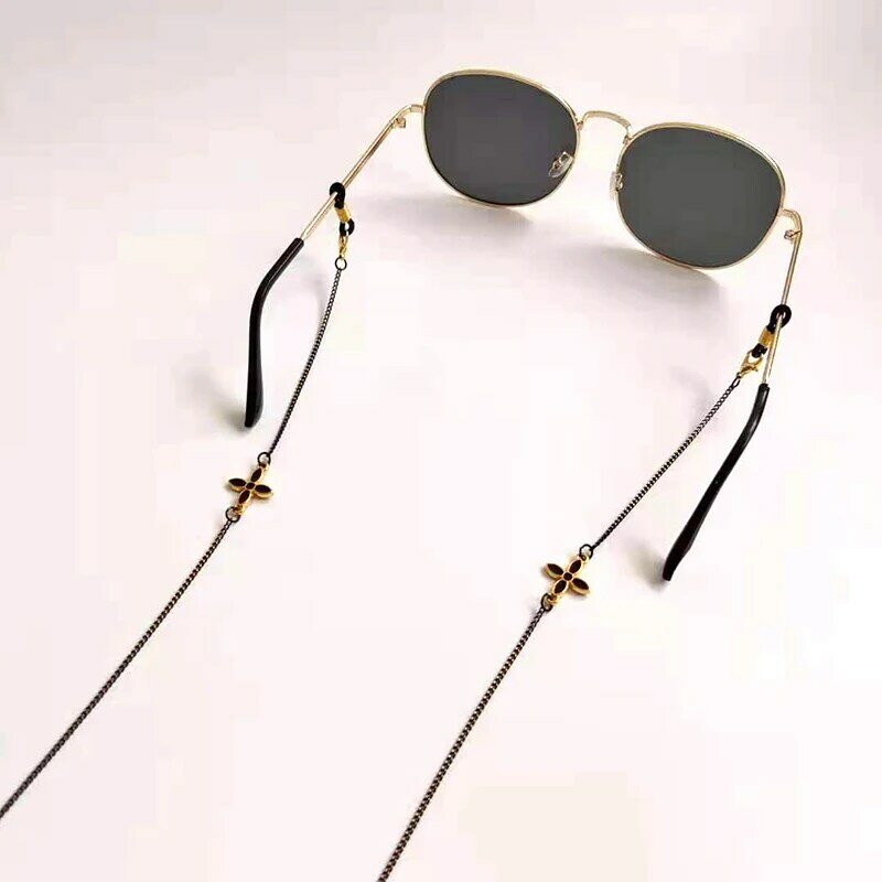 Cadena de gafas para mujer, soporte de gafas de cuatro hojas de árbol, correa de sujeción para gafas de sol, cuerda colgante para máscara de cuello, blanco y negro