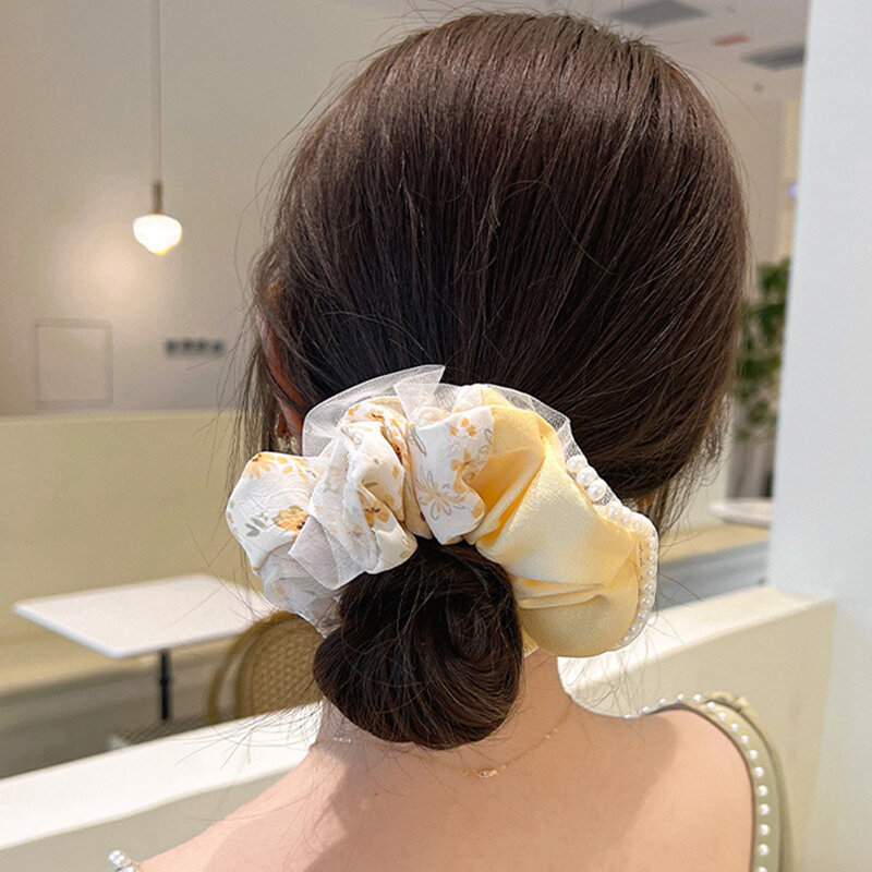 Korean Floral Bow Scrunchies Pontail Scarf Hair Band Ribbon Flower Satin Hair Rope Handmade Soft Double Layer Hair Accessories