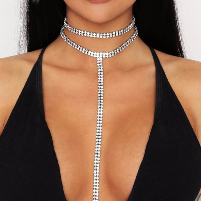 Długi naszyjnik z kryształem górskim Choker klejnot błyszczący kryształ łańcuch w klatce piersiowej moda Bikini brokat biżuteria do ciała kobiety akcesoria prezenty