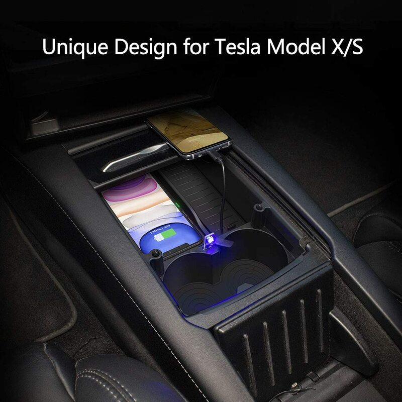 Cargador rápido inalámbrico para coche Tesla modelo S X, 10W, bandeja de carga, portavasos, consola central, caja de almacenamiento, 16-20