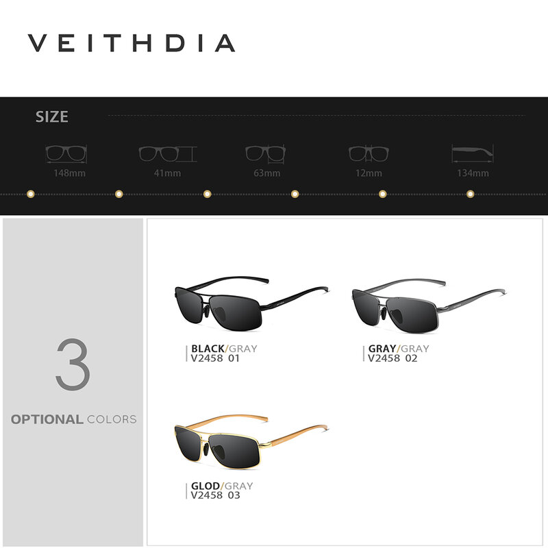 Veithdia-メンズ偏光サングラス,ヴィンテージ,アルミニウムフレーム,UV400レンズ,2458