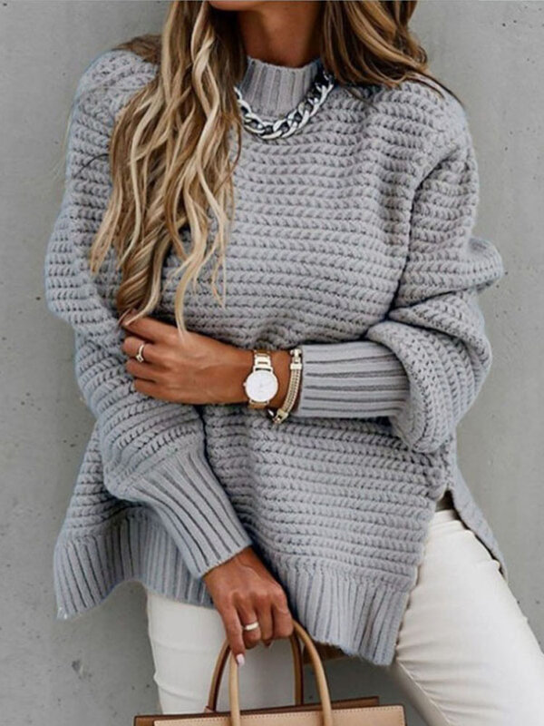 Autumn Winter Women Knitted Sweater Mock Neck Casual Loose Basic Pullovers Warm Elegant Solid Batwing Sleeve Side Split Tops