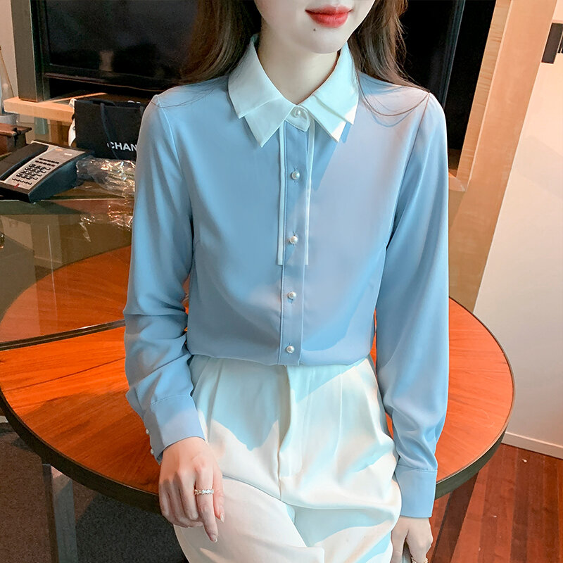 Camisa de chiffon feminino 2022 primavera novo estilo sólido boneca colarinho camisa retro camisa de manga comprida moda blusa escritório senhoras topos