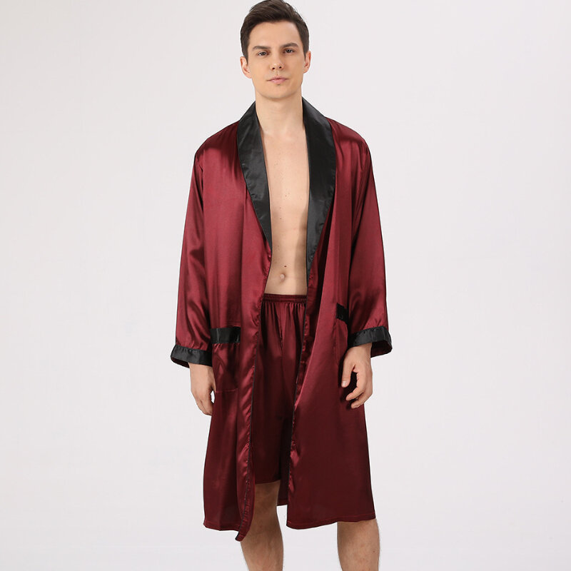 Print Bathrobe + Shorts Sets 7XL Home Faux Silk Pajama Set Long Sleeve Hotel Sauna Sleepwear for Men Kimono Soft Cozy Bath Gown