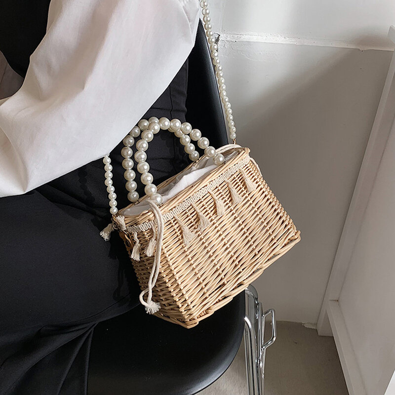Квадратные плетеные соломенные сумки ручной работы для женщин, летняя сумка-шоппер из ротанга, женская сумка на плечо с кисточками, Сумочка ...