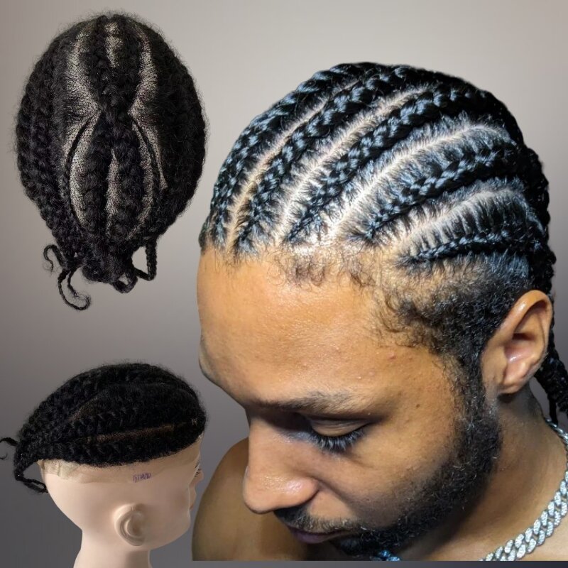 Peruvian Virgin Replacement Number 8 Afro-American Corn Braids Toupee 8x10 Full Lace Unit for Men