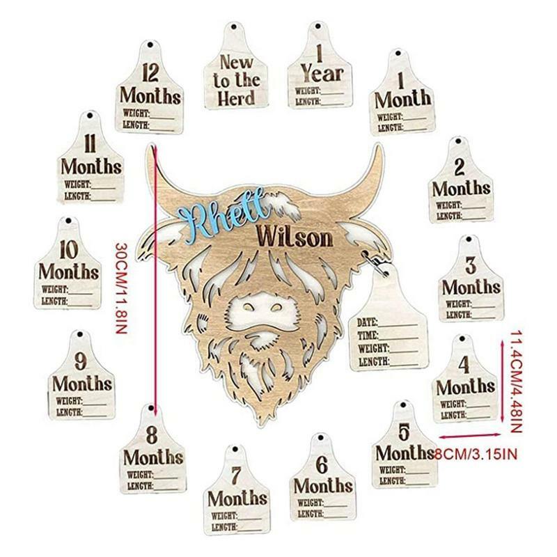Highland Cow Milestone Markers Wooden Highland Cow Milestone Mark Infant Record Tags 15 Pcs Record Tags First Year Memory