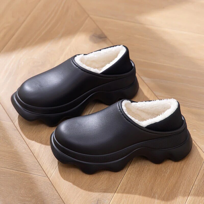 冬暖かいhoudenスリッパwaterdichtデザイナーlederenスライドeffen schoeisel huishouden vrouwelijke sandalen屋外プラット