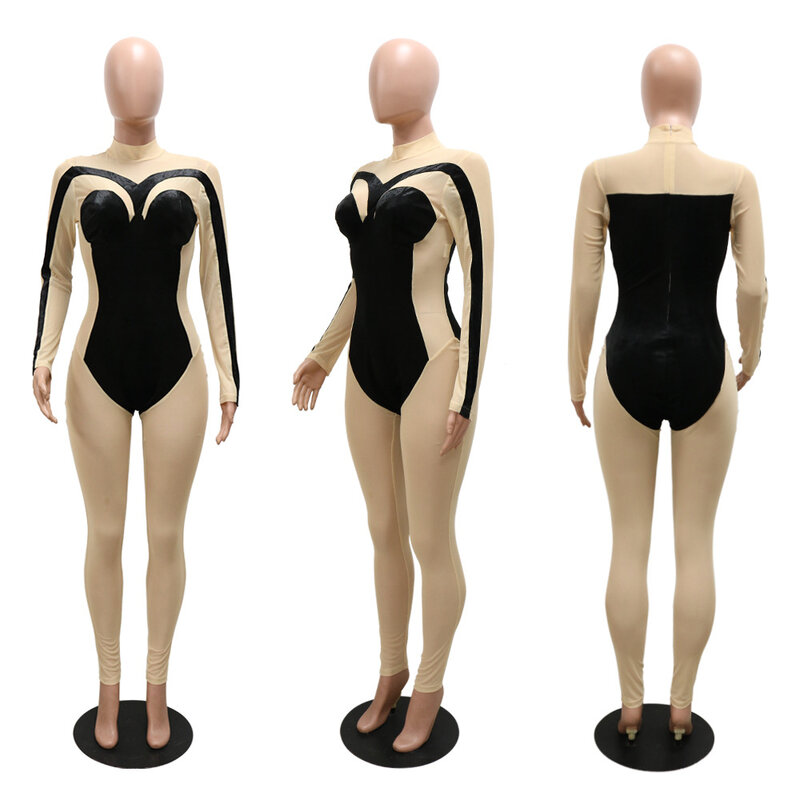 女性のためのセクシーなイブニングジャンプスーツ,肌に密着したニットウェア,長いパッチワークパターン,純粋な色