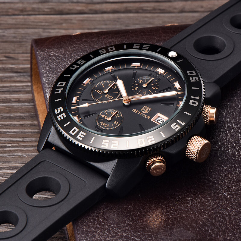 Benyar negócios cronógrafo esporte completo aço inoxidável relógio masculino de luxo quartzo relógios relógio militar relogio masculino novo