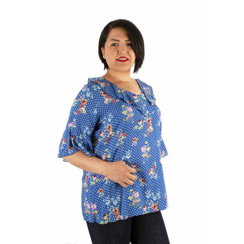 Facca-Blusa de talla grande para mujer, blusa con cuello de volantes en V, volante de inercia, Media manga, lunares, detalle de flores, color azul