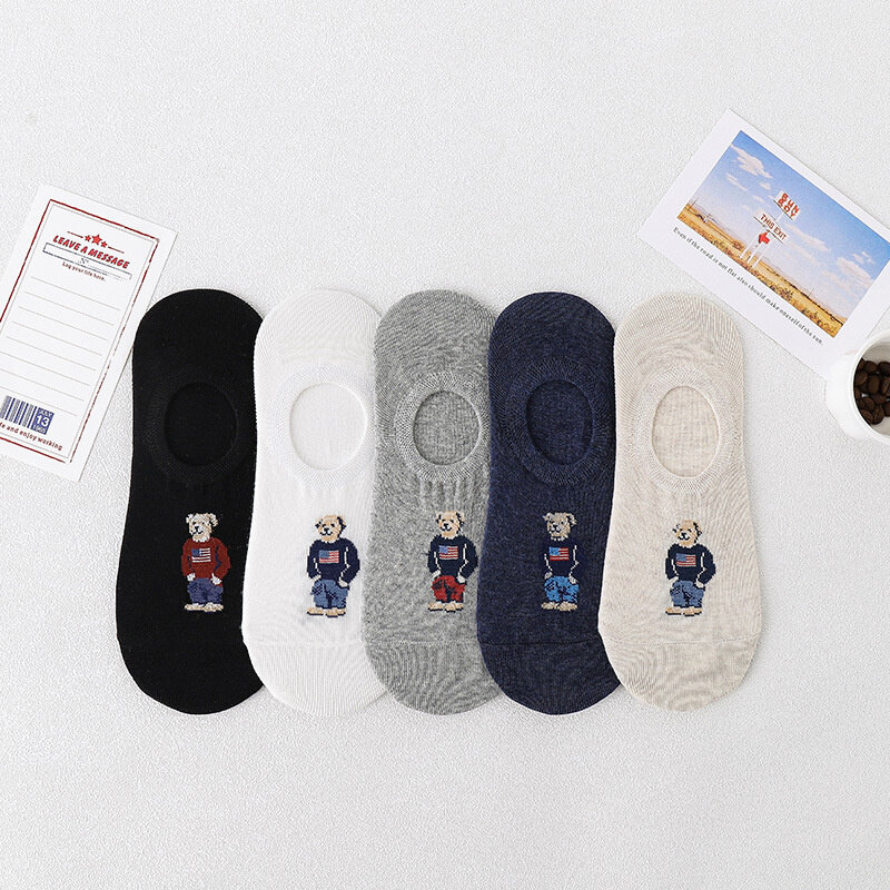 5 Pairs Of 5-color New Men's Cotton Summer Socks, Cartoon Bear, Invisible, Light, Breathable, Sweat Absorbing, Boating,