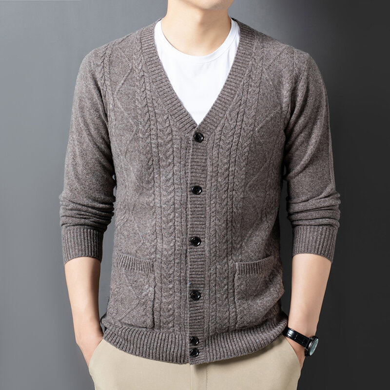 Autumn Winter New Thick Sweater Thick Needle Jacquard Pure Wool Cardigan Men's Knitwear Young and Middle-Aged Knitted Cardigan