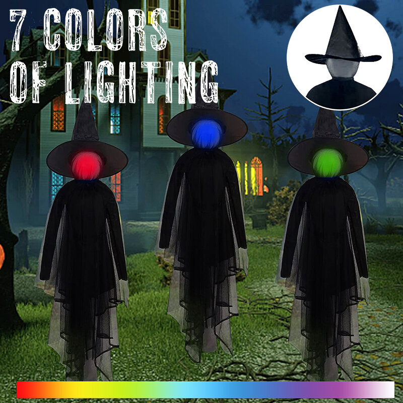 Halloween Decoration Light-Up Witches With Stakes Holding Hand Witch Head Creepy Skeleton Prop For Halloween Outdoor Party Decor