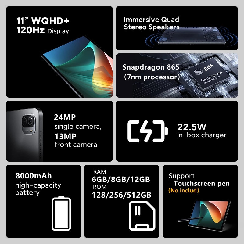 2022 오리지널 패드 5 프로 태블릿 11 인치 태블릿 128GB, 256GB, 512GB ROM, 스냅드래곤 865 LCD 화면, 태블릿 안드로이드 10.0 5G 네트워크