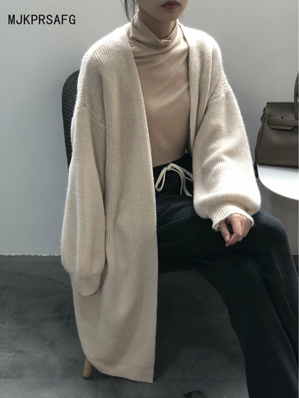 2022 jesienno-zimowy sweter damski sweter topy koreański styl z długim rękawem jednolity kolor, długi sweter dziergany sweter damski płaszcz