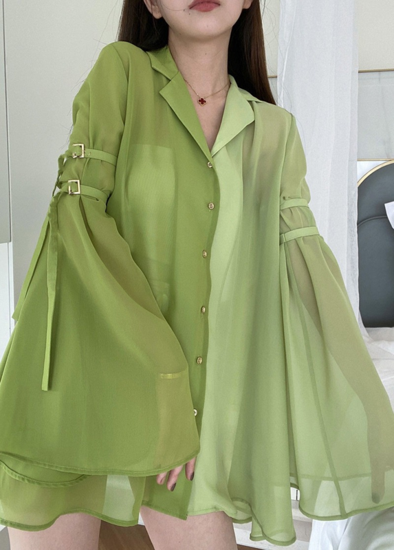 Chiffon Cardigan Vintage Shirt Oversize Spliced Blouse Women Korean Fashion Summer 2022 Flare Sleeve Patchwork Tops