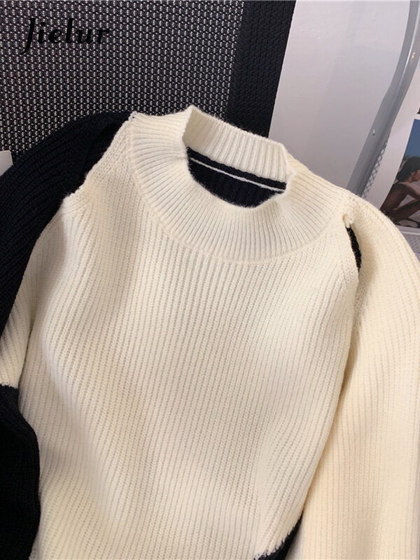 Jielur Simple Korean Chic Women Sweaters Hit Color Long Sleeve Loose Knitwear White Black Autumn New Hollow out Casual Pullovers