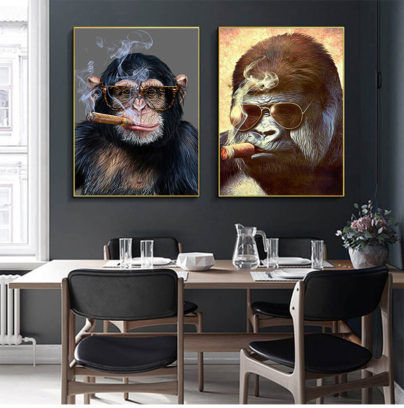 추상 흡연 원숭이와 고릴라 캔버스 회화 포스터, 프린트 스트리트 아트, 동물, 월 아트, 그림, 거실