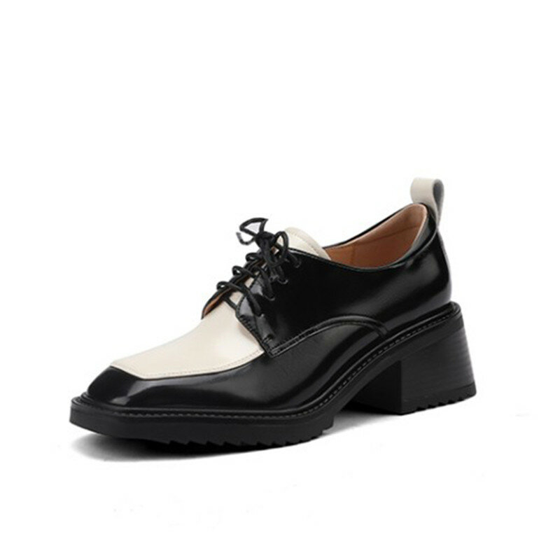 Sapatos de couro britânico das mulheres grossas soladas couro de vaca marrom preto único novo salto grosso muffin solado sapatos femininos